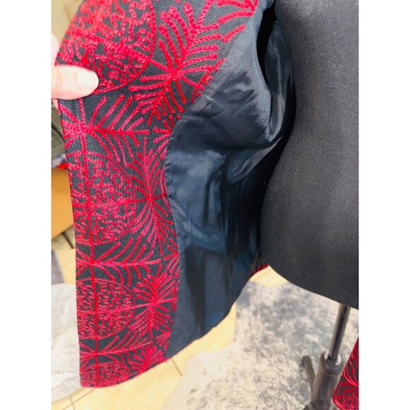 Allison W 100% Silk Jacket Jacquard Red Black Geometric Open Blazer Office City - Picture 10 of 11